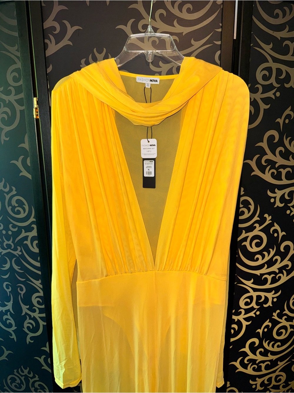 Fashion Nova Bright Yellow Long-Sleeve Plunging Maxi Jumpsuit. - Picture 7 of 8